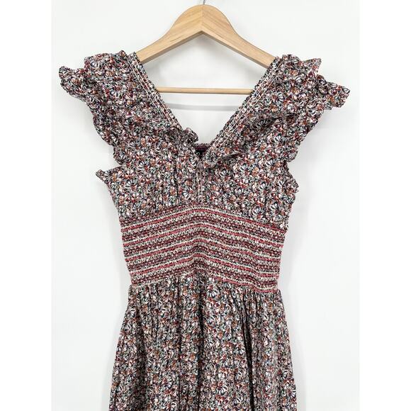 Anthropologie OPT Scilla Midi Dress Floral Ruffle V-Neck Smocked, Purple/ Red - Picture 5 of 11